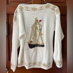 Vintage Sandy Nautical Sailboat Sweater Anchor Ship Wheel Maritime Novelty Knit